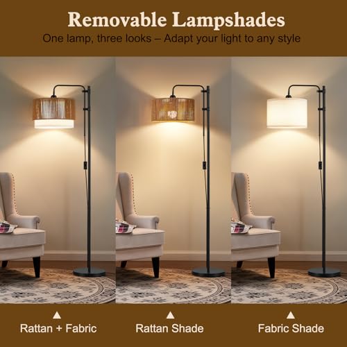 GyroVu Rattan Floor Lamps for Living Room, Farmhouse Boho Arc Standing Lamp, 3 Color Temperatures LED Bulb Included, Handwoven Tall Lamps for Bedroom, Home Office, Corner - color: Black+Rattan