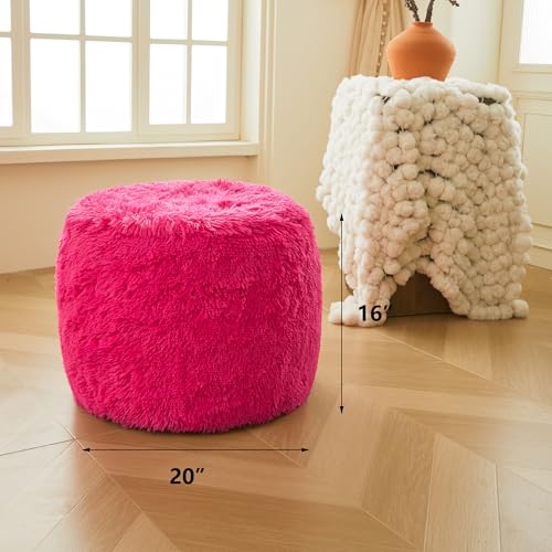 XeGe Fluffy Faux Fur Inflatable Pouf Ottoman, Soft Fuzzy Foot Stool Anti-Slip, Plush Foldable Foot Rest Floor Pouf for Kids Girls Adult, Cute Round Ottoman Cushion Living Room Bedroom, Hot Pink - color: Hot Pink, size: 20"x20"x16"