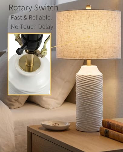 White Table Lamps Set of 2, 22" Ceramic Bedside Lamps for Bedroom - Nightstand Lamp Set of 2 with Linen Shade, Modern Farmhouse Side Table Lamps for Living Room, Rotary Switch, E26 Base