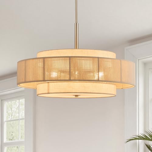 VONLUCE 23.6" Boho Rattan Chandelier, 6-Light Drum Chandelier with 3-Tier Woven Lampshade, Rattan Ceiling Light for Dining Room Bedroom Living Room with E26 Sockets, Nickel Finish, ETL Certified - color: Nickel, size: 24inch
