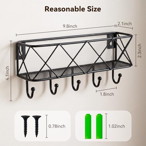 HappyHapi Key Holder for Wall Decorative, Entryway Key Hooks, Wall Mounted Key Rack with 5 Hooks, Metal Wire Mesh Basket Mail Holder, 9.8”Lx2.1”Wx4.1”H