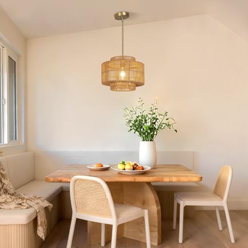 13" Boho Rattan Pendant Light Fixture, Hand Woven Wicker Hanging Lamp with Gold Ceiling Mount, Modern Farmhouse Lighting for Kitchen Island, Dining Room, Bedroom, Living Room, Entryway - color: Brown B