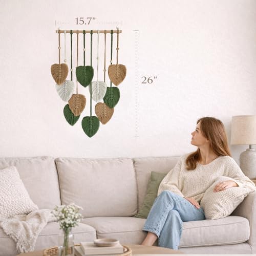 TUDRUKU Macrame Wall Hanging, Green Leaf Boho Wall Decor, 15.7 x 36 in - color: Green