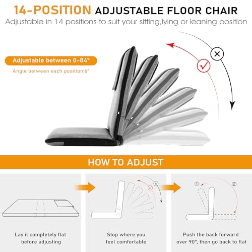 FASTMOMENT Floor Chair with Water Repellent Fabric 14-Position Adjustable Floor Chair with Back Support Portable Floor Seat for Adults Foldable Meditation Seat with Washable Cover (Dark Grey) - color: Grey & Black, style: Upgraded - With Water Repellent F