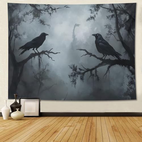 ZKPeFeH Misty forest crows Tapestry Crow Tapestry Raven Tapestry Halloween Tapestry Gothic Tapestries Full Moon Tapestry 27.5X39.3inch - color: Misty forest crows 0, size: 27.5X39.3inch