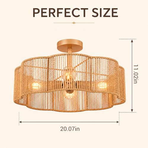 Hamilyeah Rattan Flush Mount Ceiling Light Fixture, 20 Inch Woven Scalloped Boho Ceiling Lamp, 4-Light Gold Ceiling Fixture with Hand-Woven Wicker Shade for Bedroom, Dining Room, Kitchen - color: Gold