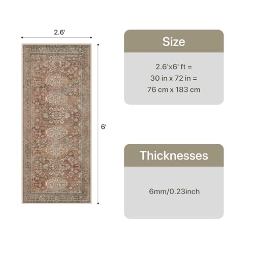 Bavni Boho Tribal Runner Rug 2'6"x6', Washable Hallway Carpet with Non-Slip Backing, Soft Low Pile Long Rug for Entryway, Kitchen, Bedroom, Living Room, Brick - color: Brick, size: 2'6" x 6' (Rectangular)