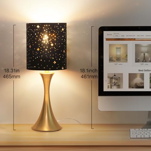 Touch Lamp for Bedroom, 3 Way Dimmable Gold Table Lamp with Black Starry Shade, Decorative Nightstand Lamp Ambient Beside Light for Living Room, Guest Room, Office 3000K LED Bulb Included - color: Gold Base with Stars Shade