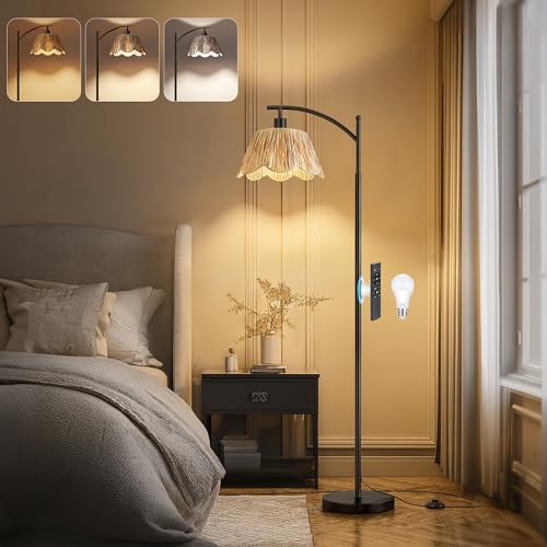Oneach Arc Floor Lamp for Living Room with 3 Color Temperatures, Rattan Boho Floor Lamp with Hand-Woven Wicker Shade,Farmhouse Floor Lamps with Remote & Dimmable Bulb, Suitable for Bedroom（Black） - color: Matte Black
