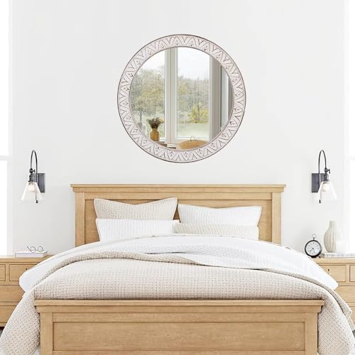 30" Round Wall Mirror, Farmhouse Wooden Frame Circle Mirrors, Rustic Large Decorative Wall Mounted Bathroom Mirror Distressed Hanging Mirrors for Living Room, Bedroom, Entryway, Fireplace, Hall - color: Flower White, size: 30"L x 30"W