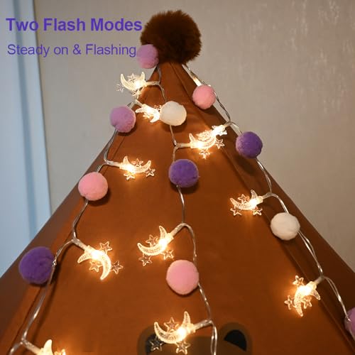 ChiRee Indoor String Lights 6.56 Feet Pom Poms Moon Lights 20 LED Battery Operated String Fairy Lights Warm White Globe Lights Colorful Decor Lights for Home Bedroom Kids Playhouse Holiday Christmas - style: Moon-Purple