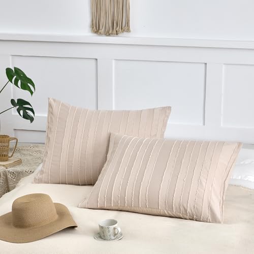Standard Pillow Shams 2 Pack, Standard Size Pillowcases, Soft Microfiber Geometric Striped Boho Pillow Covers with Envelope Closure, Cream, 20x26 Inches (No Insert) - color: Cream-stripe, size: Standard(20*26)