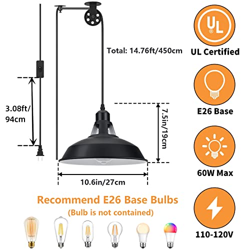 Lomoky Plug in Pulley Pendant Light with 14.76ft Cord On/Off Switch, Industrial Barn Black Hanging Lights with Plug in Cord, Pulley Wall Pendant Lamp for Kitchen Island, Pool Table, Bedroom, 1 Pack - color: Black, size: ‎1 Pack