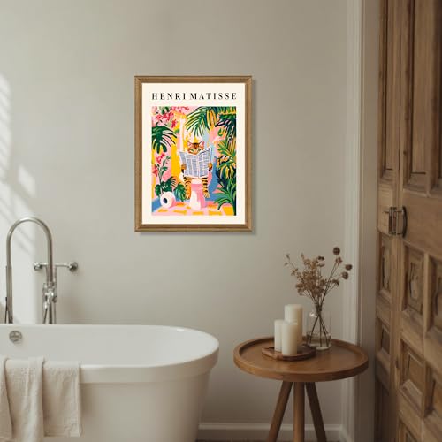 ICHZUMW Funny Tabby Cat Bathroom Wall Art, Framed Colorful Matisse Canvas Print Painting Artwork, Quirky Animal Reading Picture, Girly Pink Dopamine Wall Decor, Restroom Powder Room Bedroom, 16x24in - color: Matisse Reader, size: 24"L x 16"W