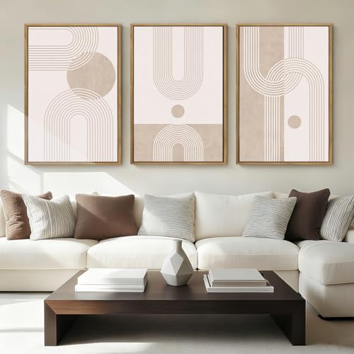 ANHUIB Neutral Boho Abstract Canvas Wall Art Set of 3 Framed Mid Century Modern Wall Decor Beige Geometric Line Artwork Minimalist Prints 16x24 Inch Painting for Living Room Bedroom Dining Room Office - color: Neutral Line, size: 24"L x 16"W