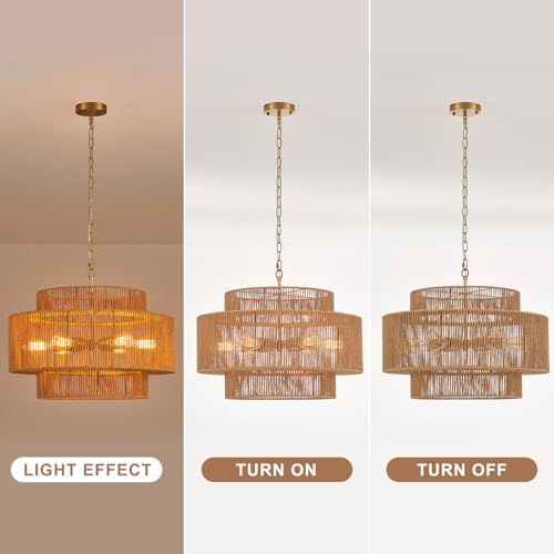 23.6" Large Rattan Chandelier Light Fixture,6-Light Hand-Woven Boho Light Fixture, 3-Tier Drum Wicker Chandelier for Dining Room, Bedroom, Kitchen Island, Foyer - color: Gold 23.6"