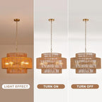 23.6" Large Rattan Chandelier Light Fixture,6-Light Hand-Woven Boho Light Fixture, 3-Tier Drum Wicker Chandelier for Dining Room, Bedroom, Kitchen Island, Foyer - color: Gold 23.6"