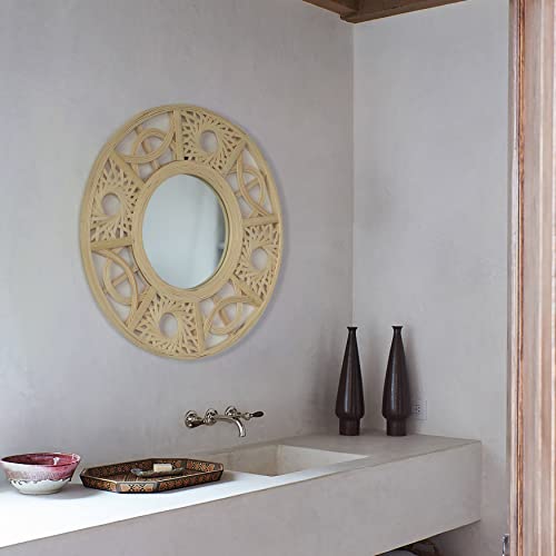 Vintiquewise Boho Bamboo Hanging Wall Mirror, Round Asymmetrical Vintage Rattan Mirror for Wall Decor, Nursery, Living Room, Playroom, Unique Small Coastal Mirror - size: 1.5"L x 21.8"W
