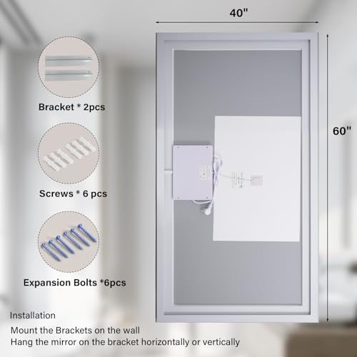 XRAMFY 40"x 60"LED Bathroom Mirror, Backlit + Front Lit, LED Bathroom Mirror with Lights for Wall, 3 Colors, Anti-Fog, Dimmable Brightness, Tempered Glass - size: 40"L x 60"W