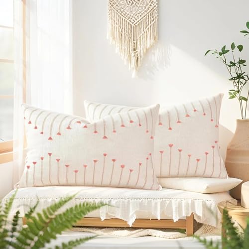 ZONYO Lumbar Throw Pillow Covers 12x20 Set of 2, BohoTextured Woven Cotton Decorative Cushion Covers with Fringe Tassel, Fade Resistant Washable for Couch Sofa Bed Patio, Farmhouse Outdoor Decor, Pink - color: Pink, size: 20" x 12" (Pack of 2)