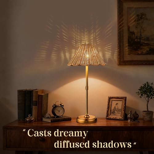 20.5'' Tall Cordless Boho Rattan Table lamp, 5200-mAh Rechargeable Battery, 3-Level Brightness Dimmable, Build-in LED 320 Lumen Max, for Bedside Restaurant Resort Hotel Dining Table - color: 20.5'' Tall Gold