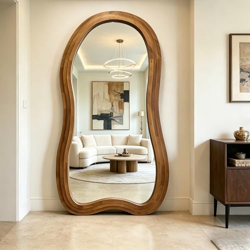 Irregular Full Length Mirror, 71"x33.5" Oversized Organic Floor Mirrors with Triple-Layer Solid Wood Frame, Asymmetrical Full Body Mirror for Living Room Entryway Hallway, Leaning/Hanging - color: Natural, size: 71"L x 33.5"W
