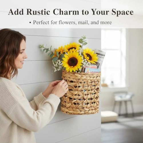 Set of 2 Wicker Wall Hanging Basket, Natural Water Hyacinth Hanging Wicker Decorative Basket, Handmade Woven Storage Organizer for Front Door Mail Flowers Garden House Wedding Wall Decorations