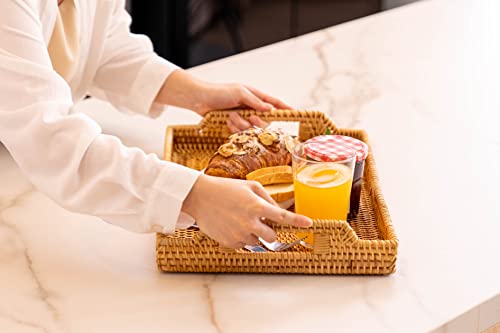 Rattan Serving Tray, Rectangular Woven Tray, Natural Wicker Decorative Serving Baskets for Organizing Tabletop Bathroom Kitchen Counter (Rattan with Handles) - color: With Handles (14.6'' X 10 '')