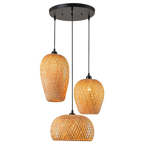 Rattan Pendant Light Bamboo Hanging Light 3-Lights Boho Pendant Light Fixture Woven Basket Wicker Shade Rattan Chandelier for Living Room Dining Room Kitchen - color: Rattan Bamboo, 3-Light