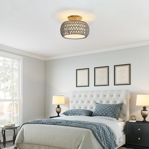 Boho Rattan Ceiling Light Fixture - 3 Style Options Wicker Semi Flush Mount Ceiling Lights,Grey Coastal Light Fixtures,Bohemian Woven Basket Chandelier for Hallway Bedroom Nursery Kitchen Laundry - color: Gray