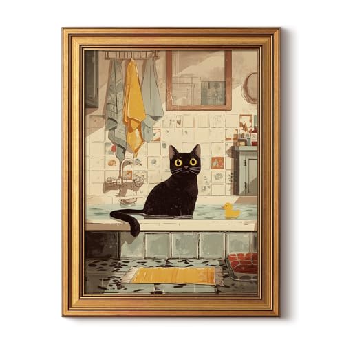 HUARCEY Gold Framed Canvas Wall Art, Bathroom Cat Vintage Decor, Bathroom Shelf Vintage Decor Aesthetic, Retro Decoration for Bathrooms Bedroom Living Room, 12x16Inch - color: Bathroom Cat, size: 16"L x 12"W