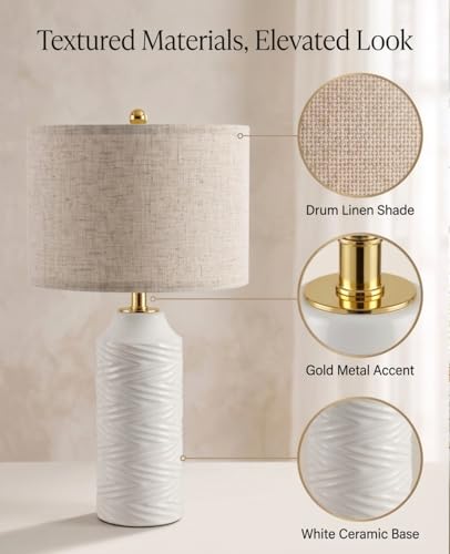 White Table Lamps Set of 2, 22" Ceramic Bedside Lamps for Bedroom - Nightstand Lamp Set of 2 with Linen Shade, Modern Farmhouse Side Table Lamps for Living Room, Rotary Switch, E26 Base