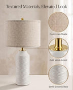 White Table Lamps Set of 2, 22" Ceramic Bedside Lamps for Bedroom - Nightstand Lamp Set of 2 with Linen Shade, Modern Farmhouse Side Table Lamps for Living Room, Rotary Switch, E26 Base