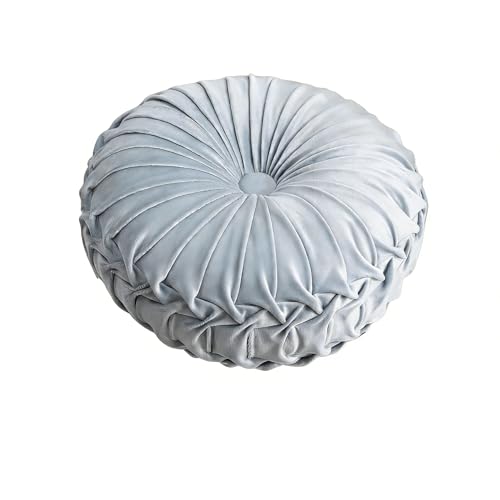 MOCOFO Round Velvet Throw Pillow, Pumpkin Shape Decorative Floor Cushion, Handcrafted Pleated Design, 14 and 16 Inch Diameter, Multiple Colors, Polyester Fill (Gray Blue, 14") - color: Gray Blue, size: 14"