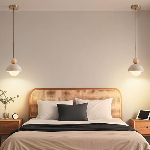 Wabi Sabi Pendant Light Set of 2, Natural Travertine Stone & Wood Hanging Lamp for Kitchen Island, Hallway, Living Room, Bedroom, Dining Room Ceiling Decor (G9 Bulb, 5.9 in Stone Round)