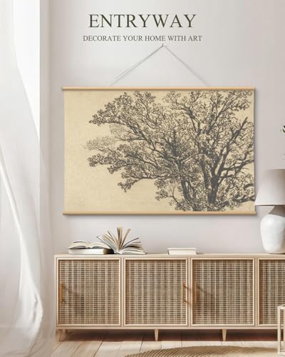 VIYYIEA Extra Large Canvas Wall Art 36x54 Inch Vintage Tree Sketch Landscape Hanging Scroll, Rustic Nature Wall Decor Oversized Artwork for Living Room Bedroom Above Sofa - color: Still Branches