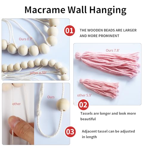 Pink&White Large Macrame Wall Haning Boho Decor,Blush Pink Tassel Wall Decor Bohemian, Pink Bedroom Living Room Girls Room Décor Nursery Dorm Decoration Boho Gift for Girls Woman Gifts - color: Blush Pink, Lights Pink, White
