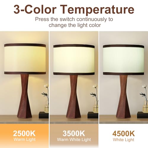 Boho Table Lamps for Bedrooms Set of 2-13" Wooden Spiral Base & Linen Shade - 3 Color Temps (2500K-4500K) LED Bulbs Included - for Bedroom, Office, Dorm, Nursery