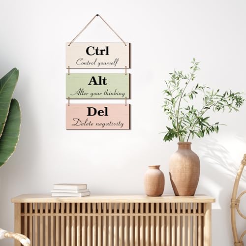 Qunclay 3 Pcs Office Wall Decor Boho Leaves Wood Rustic Hanging Cubicle Decor Summer Inspirational Ctrl Alt Del Sign Decoration for Bathroom Indoor Home Living Room - color: Boho, style: Leaves