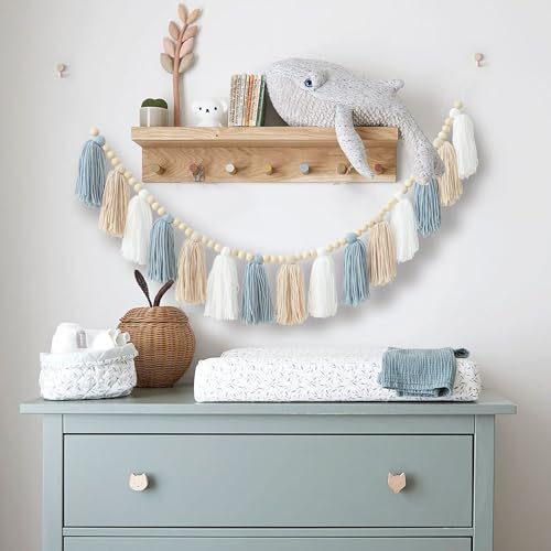 DCJHFJ Boho Blue Tassel Garland Wall Hanging with Wood Beads for Baby Shower Kids Room Bedroom Nursey Back to School Decorations - color: Blue