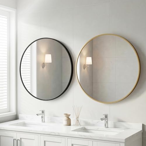 OLIXIS 28 Inch Gold Round Bathroom Wall Mirror, Round Bathroom Mirrors for Over Sink, Circle Mirror with Tempered Glass for Home Decor, Entryway, Bedroom, Vanity, Shatterproof& Crystal-Clear - color: Gold-round, size: 28"L x 28"W