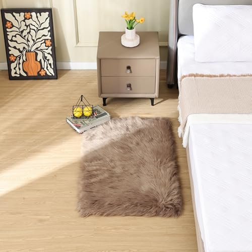 ORINOVA Beige Faux Sheepskin Fluffy Fur 2x3 Area Rugs for Bedroom Washable Shaggy Carpet Rug for Living Room Nursery Furry Rug Home Décor - color: Beige, size: 2' x 3' (Rectangular)