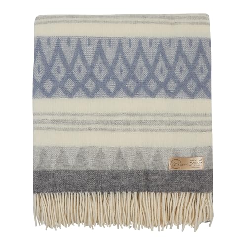 | Wool Blanket/Throw | 100% New Zealand Wool | Perfect for Home and Outdoors | Virgin Wool Throw with Fringes 75"x87" (190 x 220 cm) - color: Blue/Gray/Milky, size: Full
