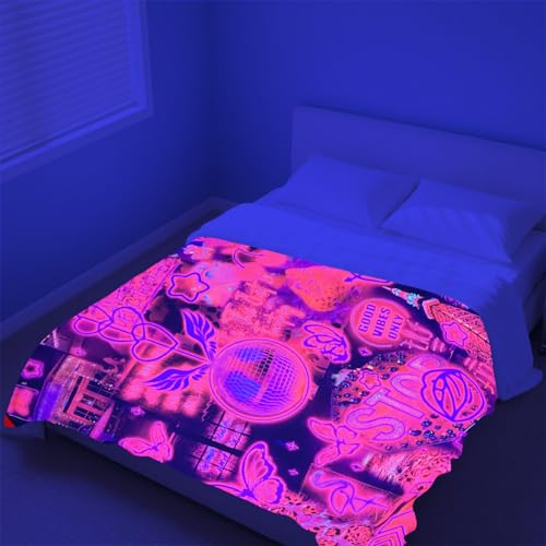 Blacklight Pink Collage Throw Blankets UV Reactive Aesthetic Throw Blanket Glow in the Dark Under Black Lights Game Room Decor Soft Throw Gifts 59x51 Inches - color: Bl Pink Collage