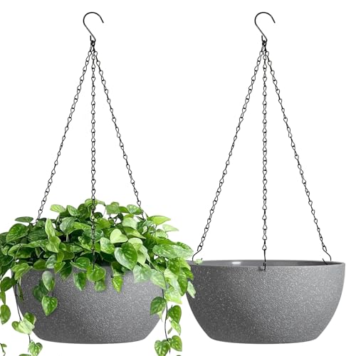 T4U Hanging Planters for Indoor Outdoor Plants 2 Pack - 12 Inch Grey Hanging Plant Basket with Drainage Hole, Round Hanging Flower Plant Pot for Garden Home Decor(Grey) - color: Gray, size: 12 In
