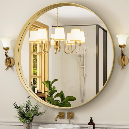 24 Inch Round Bathroom Mirror - Wall Mounted Circle Mirror with Metal Frame, Modern Mirror Suitable for Bathroom, Vanity, Entryway, Living Room, Wall Decor,Gold - color: Gold, size: 24"L x 24"W