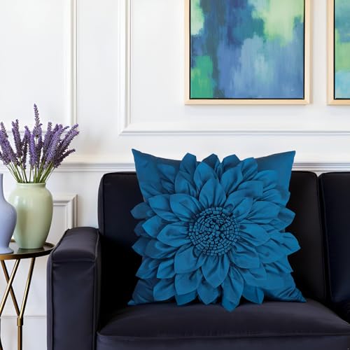 Bella's Giftshop Navy Blue Decorative Throw Pillow Covers 18x18 Inch for Bed Sofa Couch, Handmade 3D Accent Sunflower Floral Pillowcase, Living Room Decor - color: Navy Blue