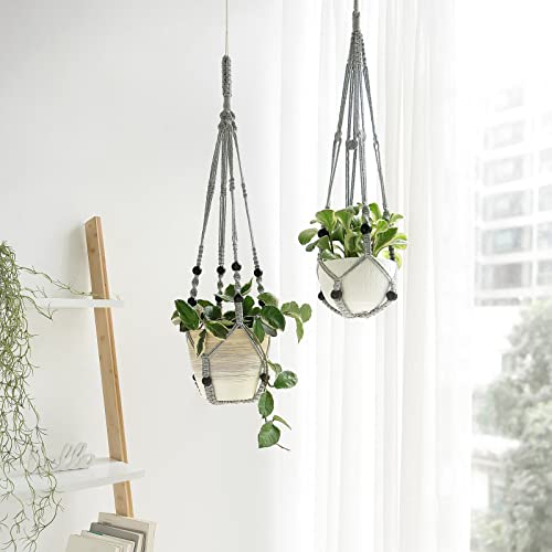 Mkono 3 Pack Macrame Plant Hangers Indoor Different Size Hanging Planter Basket Flower Pot Holder with Beads No Tassels 35"/29"/23", Medium, Grey - color: Gray, size: Medium