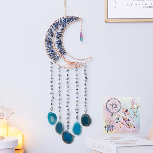 Agate Moon Dream Catchers with Crystal 7 Chakra Gemstone Dream Catchers Color Natural Gem Agate Wall Hangings Room Garden Dreamcatchers Decor (Lake Blue) - color: Lake Blue
