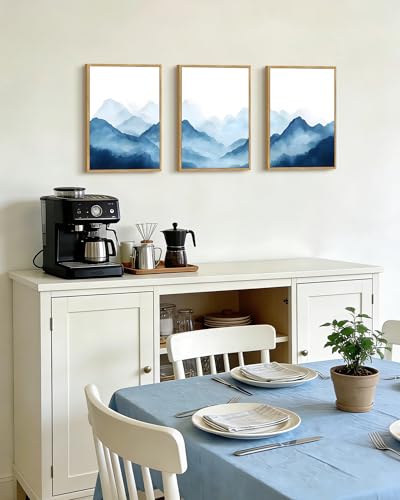 KUVIOKE Blue Watercolor Mountains in Fog Framed Wall Art Wilderness Nature Landscape Painting Rustic Scenic Relax Cool Home Decor 11x14in (Natural Framed) - color: Watercolor Mountain, size: 11 x 14in x 3 Panels Natural